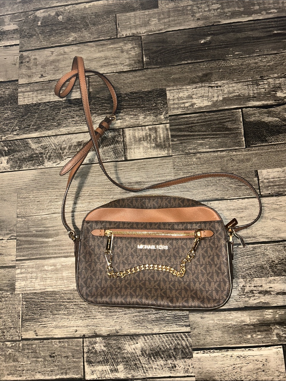 Michael Kors Brown and Tan MK Logo Crossbody with Gold Hardware
